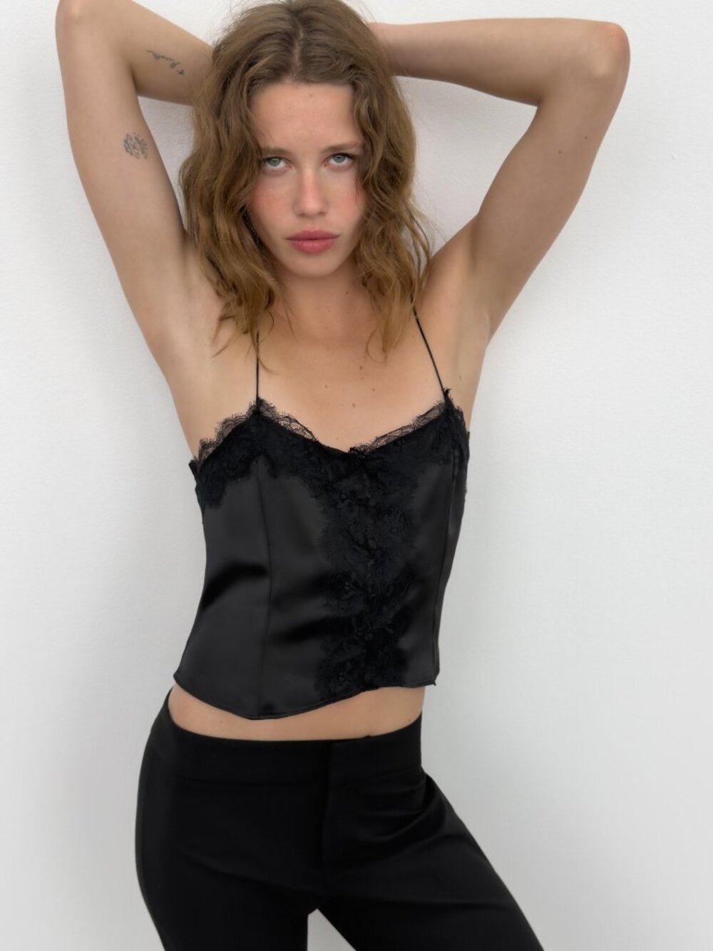 Zara Satin Effect Lace Crop Top in Black Large NWT